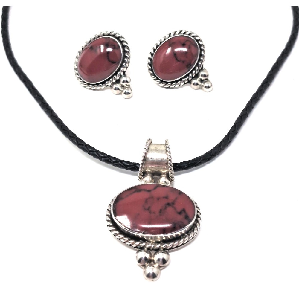 Vtg ATI Mexico 925 Sterling Silver Red Jasper Pendant & Earrings Set Southwest